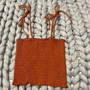 burnt orange tie shoulder smocked top